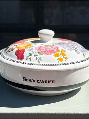 See's Candies Floral Ceramic Candy Dish with Lid - White
